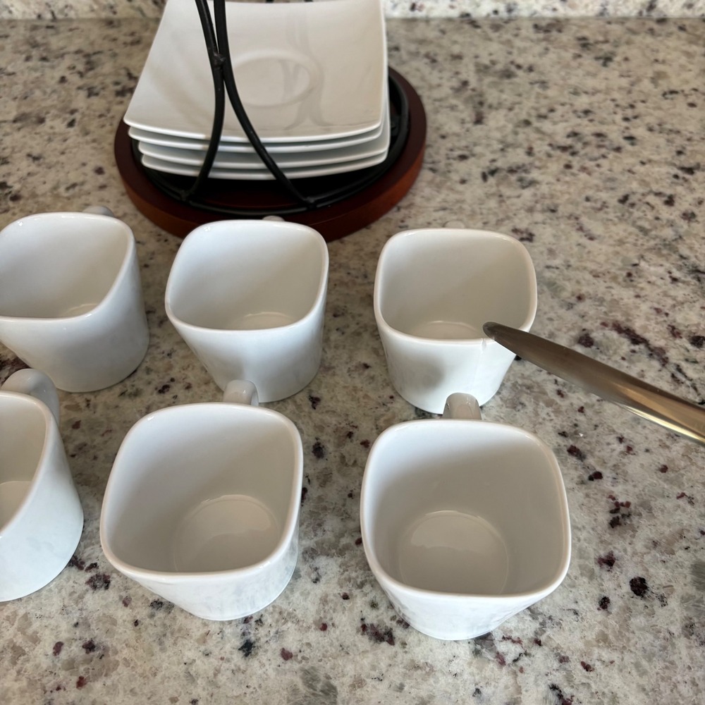 B. Smith Espresso Demitasse Set White Ceramic Square Cups Saucers Metal Rack - Picture 8 of 14